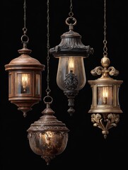 Obraz premium ornate pendant lamp set including classic metal carved wood and antique brass fixtures isolated elegant interior design and decorative lighting collection