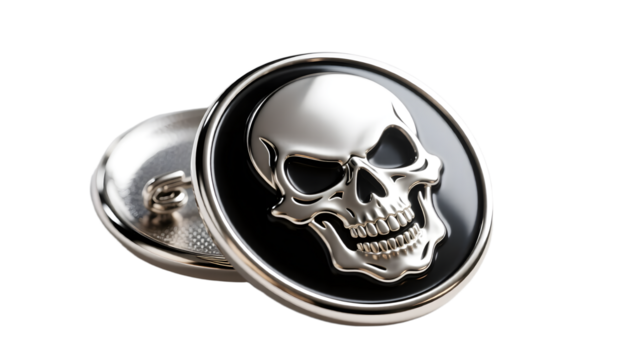 A chrome Halloween badge with a skull emblem  HDRI lighting glossy finish plain white background
