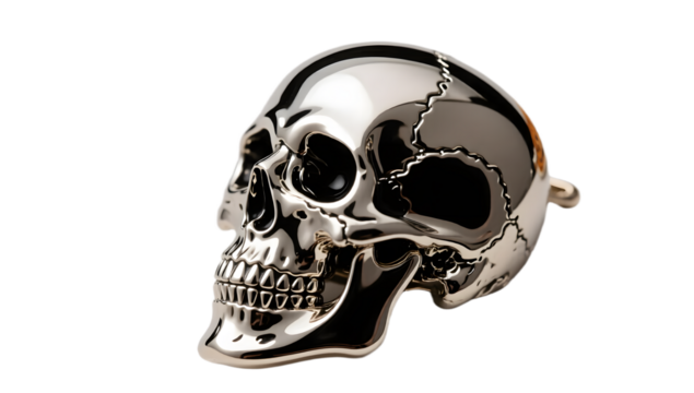 A chrome Halloween badge featuring a skull side profile realistic lighting glossy finish plain background