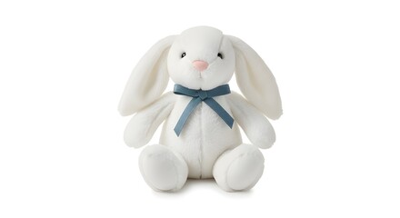 White plush bunny toy, isolated on a white background, soft fabric texture.