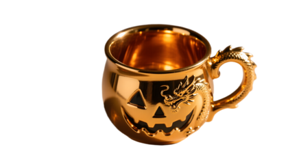 A gold painted Halloween cup with a dragon motif top down view warm amber glow glossy finish isolated on neutral surface