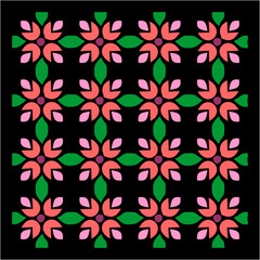 A rhythmic arrangement of red and pink petals with green leaves, forming a floral mosaic that radiates balance, beauty, and natural symmetry.