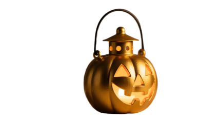A gold painted Halloween lantern side view warm amber glow matte finish light background