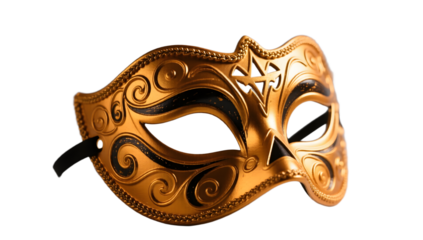 A gold painted Halloween mask with intricate patterns  warm amber glow matte finish light grey backdrop