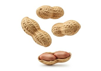 Delicious Whole Peanuts and Shelled Kernels Levitating on White Background
