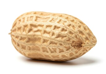 Close-up of a single raw peanut in its natural shell, isolated on a white background