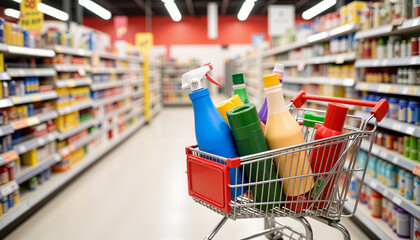 Cleaning products in shopping cart on aisle of grocery store  
