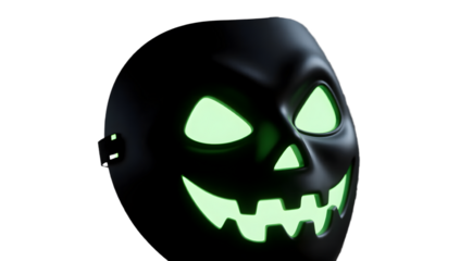A matte black Halloween mask with glow in the dark eyes  cinematic lighting transparent PNG ready