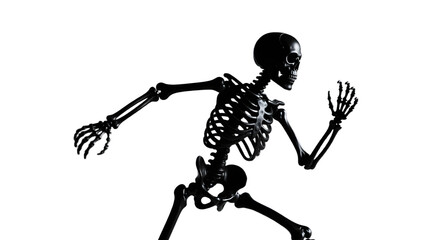 A matte black Halloween skeleton figurine in action pose side view dramatic lighting simple background