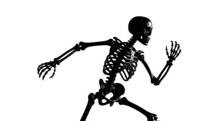 A matte black Halloween skeleton figurine in action pose side view dramatic lighting simple background