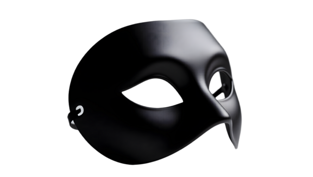 A matte black Halloween mask isolated on neutral grey gradient side view realistic lighting high detail