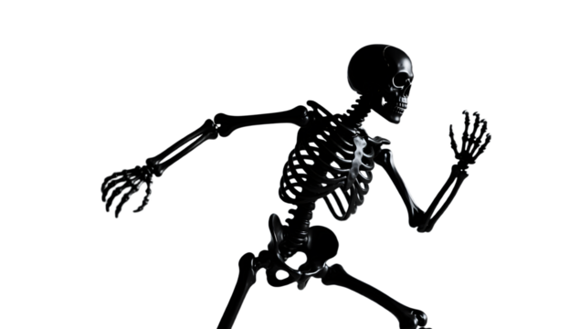 A matte black Halloween skeleton figurine in action pose side view dramatic lighting simple background