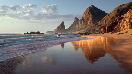 A scenic view of a sandy beach with waves crashing and rocky mountains behind