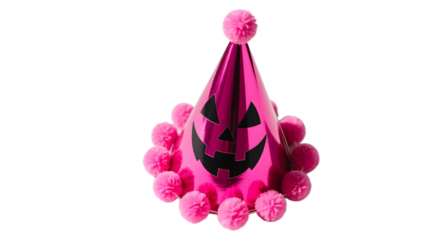 A neon pink Halloween party hat with pom poms top down view vibrant color minimal commercial style white background