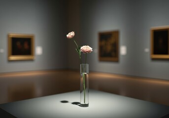 Two light pink flowers in a clear glass vase are displayed on a spotlighted pedestal. The background is a softly lit art museum with framed paintings on the walls.