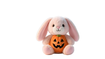 A soft plush Halloween bunny full body centered on white background pastel color palette minimal lighting