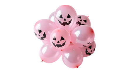 A translucent pink Halloween balloon cluster top down view soft pastel colors minimal lighting white backdrop