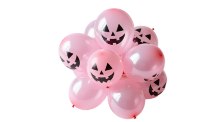 A translucent pink Halloween balloon cluster top down view soft pastel colors minimal lighting white backdrop