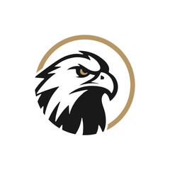 A stylized eagle head in profile, rendered in black and white with a golden circle behind it.