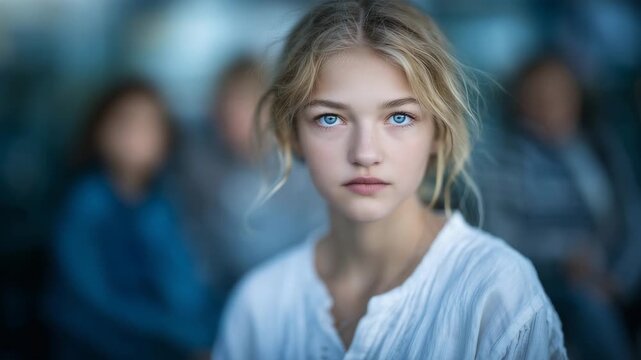 264Girl with intense blue eyes centered in frame, white shirt reflecting soft light, blurred silhouettes of people creating dreamy bokeh in background