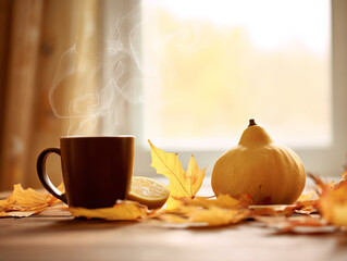 Parujący, brązowy kubek z gorącym napojem, otoczony żółtymi liśćmi i małą dynią. Scena przy oknie, wpadające ciepłe, jesienne światło.