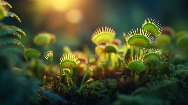 A close-up of Venus flytraps in their natural habitat. Soft light filters through creating depth