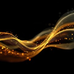 Golden light waves flow smoothly across a black background creating abstract curves and a sense of movement in this modern design