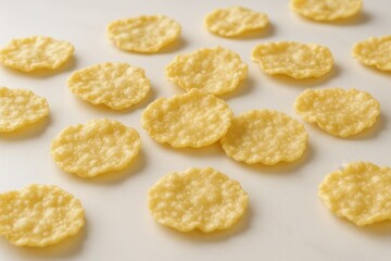 A collection of golden corn flakes are scattered across a clean white surface under bright studio lighting. Each flake exhibits a crisp texture.