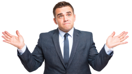 Man in Suit Shrugging Shoulders Gesture, cut out transparent