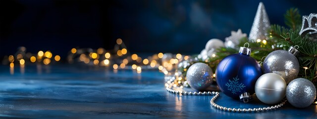Elegant Merry Christmas banner background with festive blue and silver ornaments, fir branches, sparkling bokeh lights. Perfect for holiday celebrations, New Year greetings, seasonal promotions.