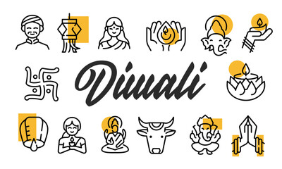 Diwali poster. Diwali poster design with Candle, Lotus, Ganesh, Swastik, Lamp icons. Simply poster for presentations, covers. Banner template. Vector illustration.
