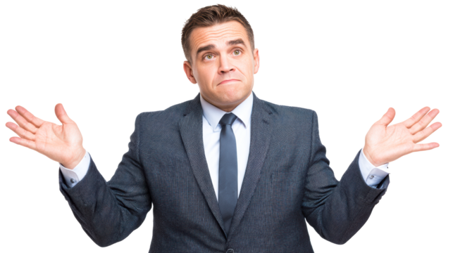 Man in Suit Shrugging Shoulders Gesture, cut out transparent