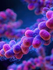 microscopic closeup of a pinkpurple chain of bacteriallike cells with textured surfaces and surrounding blue fluid shown in vivid highcontrast microscopy style