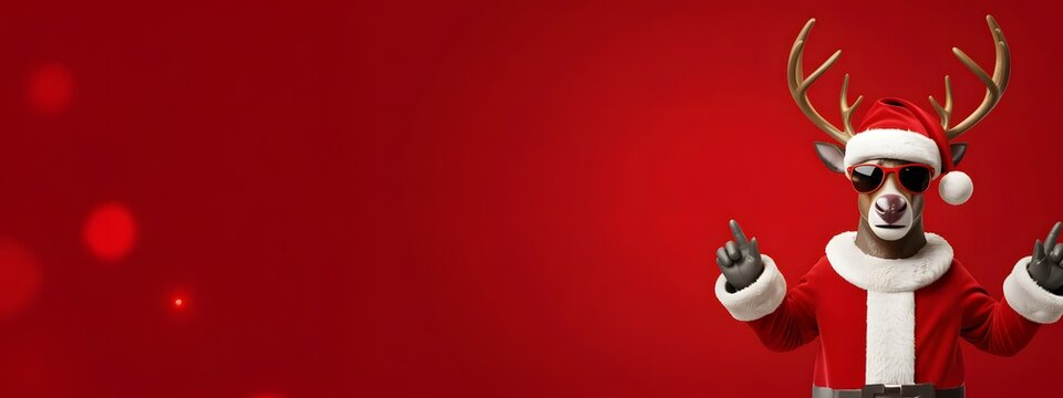 Funny 3D cartoon reindeer in Santa suit, cool sunglasses, pointing, festive red background, Merry Christmas, holiday celebration, New Year banner, cute illustration, vibrant.