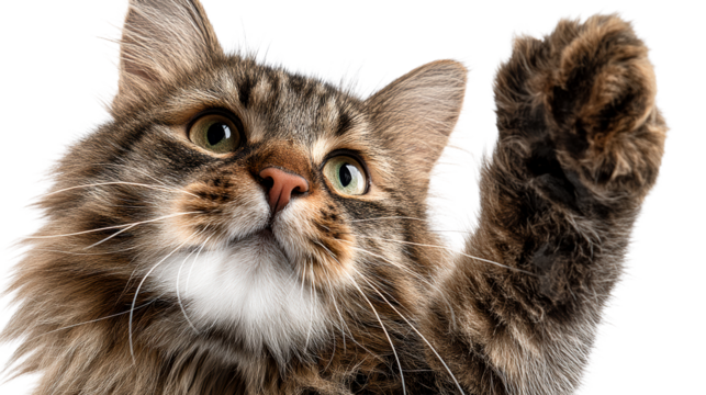 Close-up Of A Curious Tabby Cat Raising Its Paw, cut out transparent