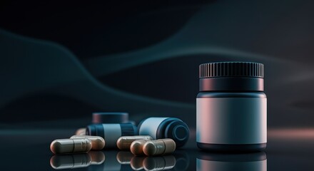 Pharmaceutical capsules and a bottle with a blank label are arranged on a reflective surface under dramatic lighting. The background features abstract wavy patterns in shades of dark blue and teal.