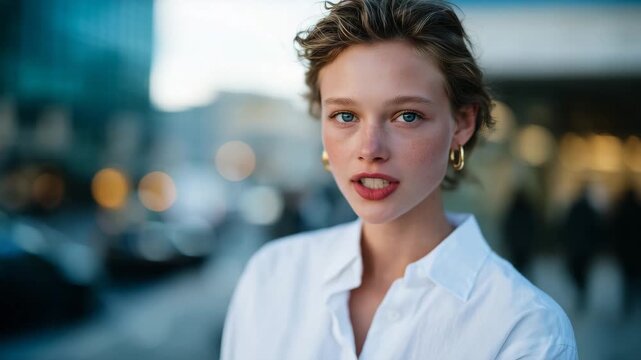 303Young woman facing forward, expression calm and poised, wearing white shirt, soft-focus background emphasizing simplicity and beauty