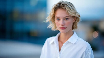 306Elegant young woman facing forward, calm expression, white shirt in sharp focus, background gently blurred to enhance minimalist beauty
