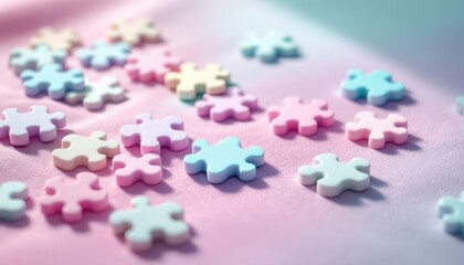Soft Pastel Puzzle Pieces Scattered on Pink Satin Fabric with Gentle Lighting
