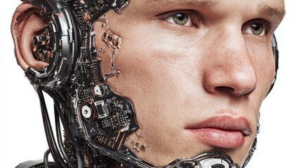 realistic exoskeleton cyborg male face png isolated on white and transparent background  scifi technology concept