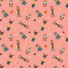 Seamless Pattern of forest Animals in autumn Clothes. 