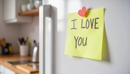 Note saying "I love you" on refrigerator in modern kitchen  