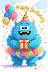 A blue furry monster with horns and a colorful outfit holds a gift and balloons, surrounded by confetti and clouds, in a playful digital illustration style.
