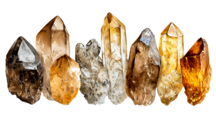Collection of raw quartz crystal formations in various earthy tones, cut out transparent