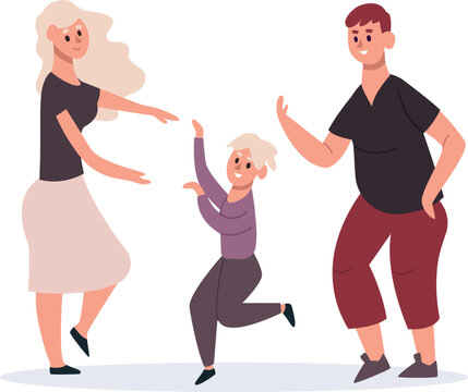Happy family dancing together, enjoying leisure time at home