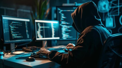Hooded hacker programming code on multiple computer screens - Powered by Adobe