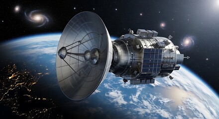 Satellite orbiting Earth with galaxy background, space exploration concept.