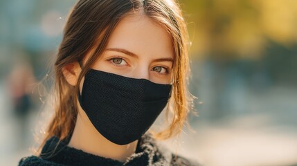 health safety and pandemic concept  young woman wearing black face protective reusable barrier mask outdoors no logos no brands ar 169