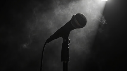 Microphone stands alone in spotlight, surrounded by misty atmosphere, evoking sense of anticipation and creativity