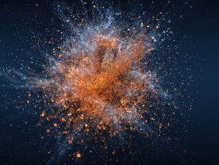 Abstract Digital Explosion of Glowing Orange and Blue Particles Radiating Outwards on a Deep Blue Background, Portraying Connectivity and Data Flow